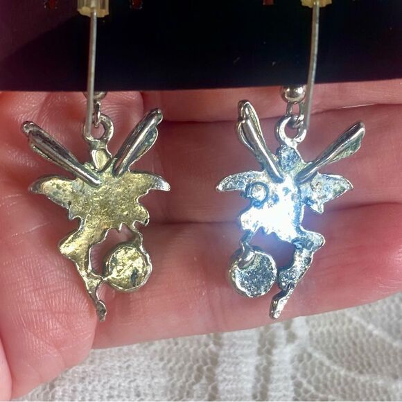 Silver Fairy Earrings with Blue Beaded Accents Dangle Style Whimsical Jewelry - Picture 4 of 4